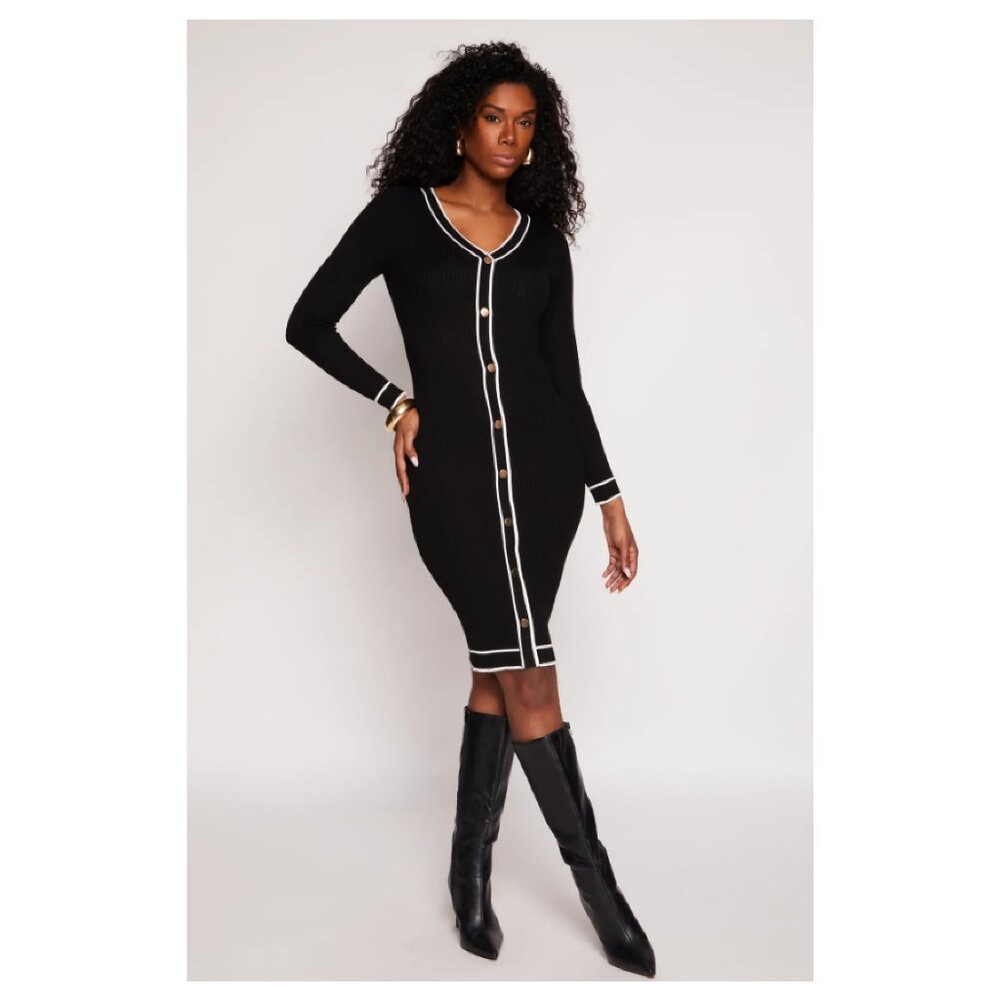 Rainbow Black Ribbed Long Sleeve Knee Length Sweater Dress NWT Size Large